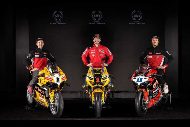 2023年にドゥカティでチャンピオンを獲得したアルバロ・バウティスタ、フランセスコ・バニャイア、ニッコロ・ブレガ