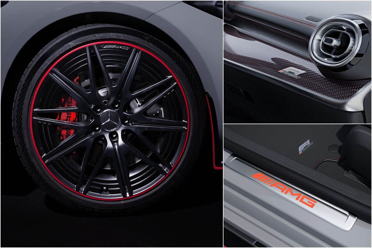 サイドと前後エプロンにはレッドのトリムラインをアクセントとして入れ、さらにF1のメディカルカーを踏襲するべく20インチAMGアルミホイール（RRS）にもレッドのリムフランジ処理が施される