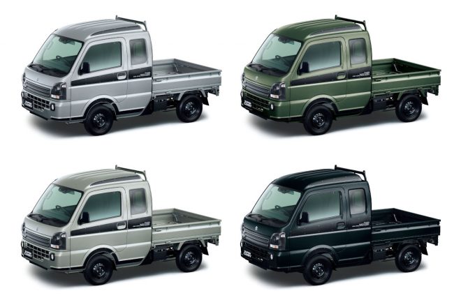 スーパーキャリイ特別仕様車“Xリミテッド”のカラーラインアップ。右上から時計回りにクールカーキパールメタリック、ブルーイッシュブラックパール3、モスグレーメタリック、シルキーシルバーメタリック