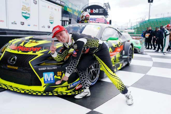 GTDクラスの予選を制したパーカー・トンプソンと14号車レクサスRC F GT3（バッサー・サリバン）