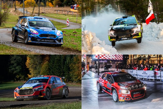 WRC2クラスに参戦しているラリー2カー。右上から時計回入りにシュコダ・ファビアRSラリー2、シトロエンC3ラリー2、ヒョンデi20 Nラリー2、フォード・フィエスタ・ラリー2