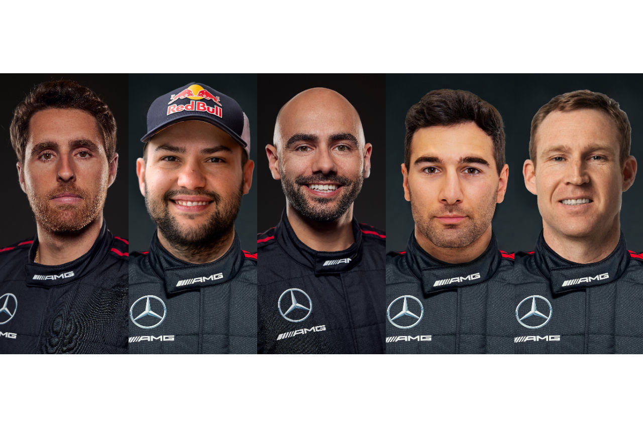 2024メルセデスAMG・エキスパートドライバー。左からダニエル・ジュンカデラ、フェリペ・フラーガ、アダム・クリストドーロウ、ダニエル・モラド、デビッド・レイノルズ