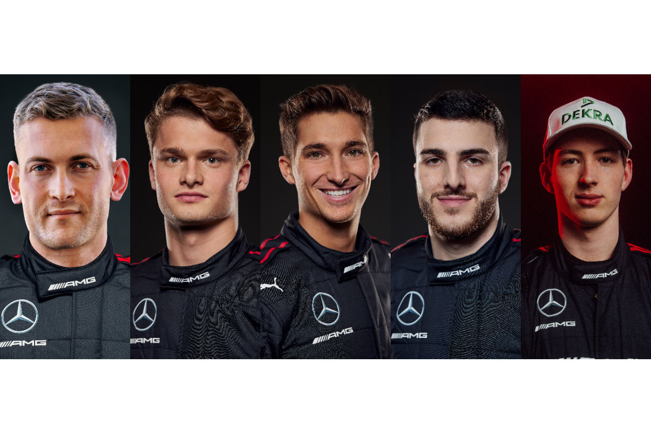 2024メルセデスAMG・ジュニアドライバー。左からフランク・バード、ラフル・アロン、ジョーダン・ラブ、ユスフ・オウェガ、ダービッド・シューマッハー