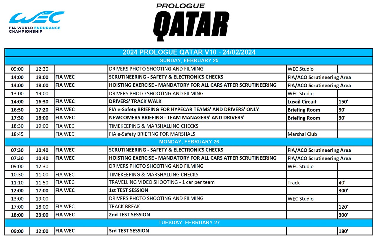 2月24日付でアナウンスされたWEC公式テスト“プロローグ”のタイムスケジュール