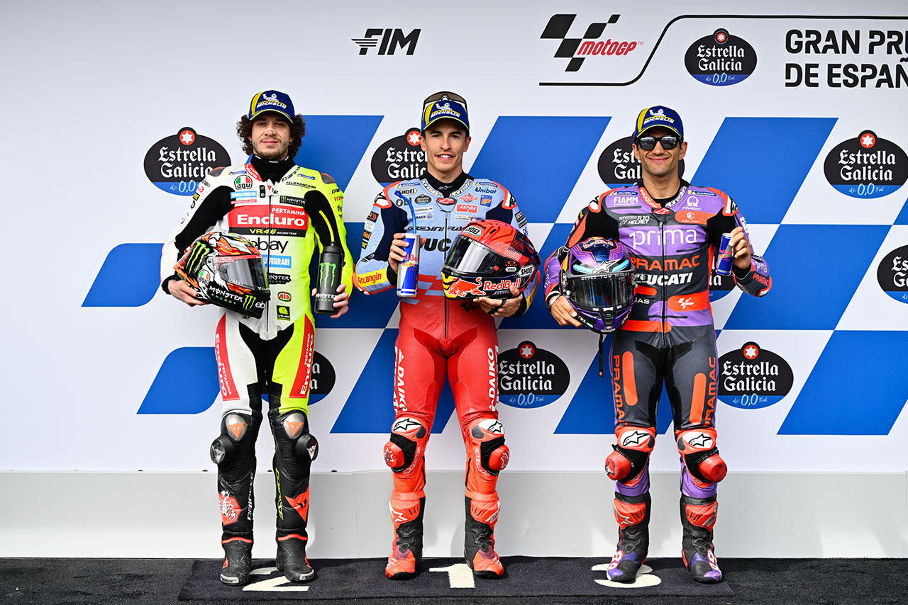 予選トップ3のマルク・マルケス、マルコ・ベゼッチ、ホルヘ・マルティン／2024MotoGP第4戦スペインGP