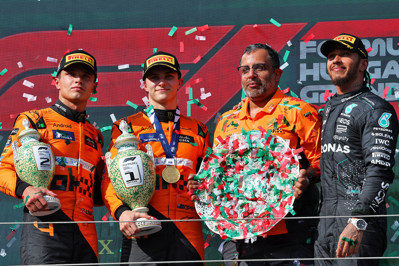 2024年F1第13戦ハンガリーGP　優勝のオスカー・ピアストリ、2位のランド・ノリス（マクラーレン）、3位のルイス・ハミルトン（メルセデス）