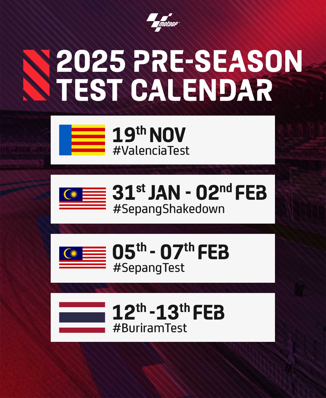2025年のMotoGPプレシーズンテスト日程が発表に。2月にマレーシアとタイで実施、11月のバレンシアテストは最高峰クラスのみ