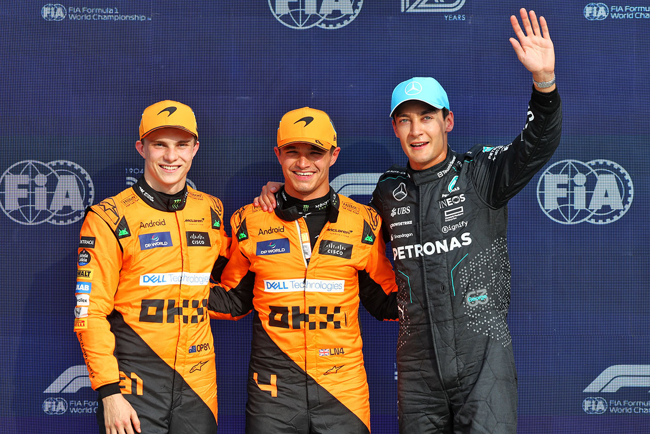 2024年F1第16戦イタリアGP　予選PPのランド・ノリス（マクラーレン）、2番手オスカー・ピアストリ（マクラーレン）、3番手ジョージ・ラッセル（メルセデス）