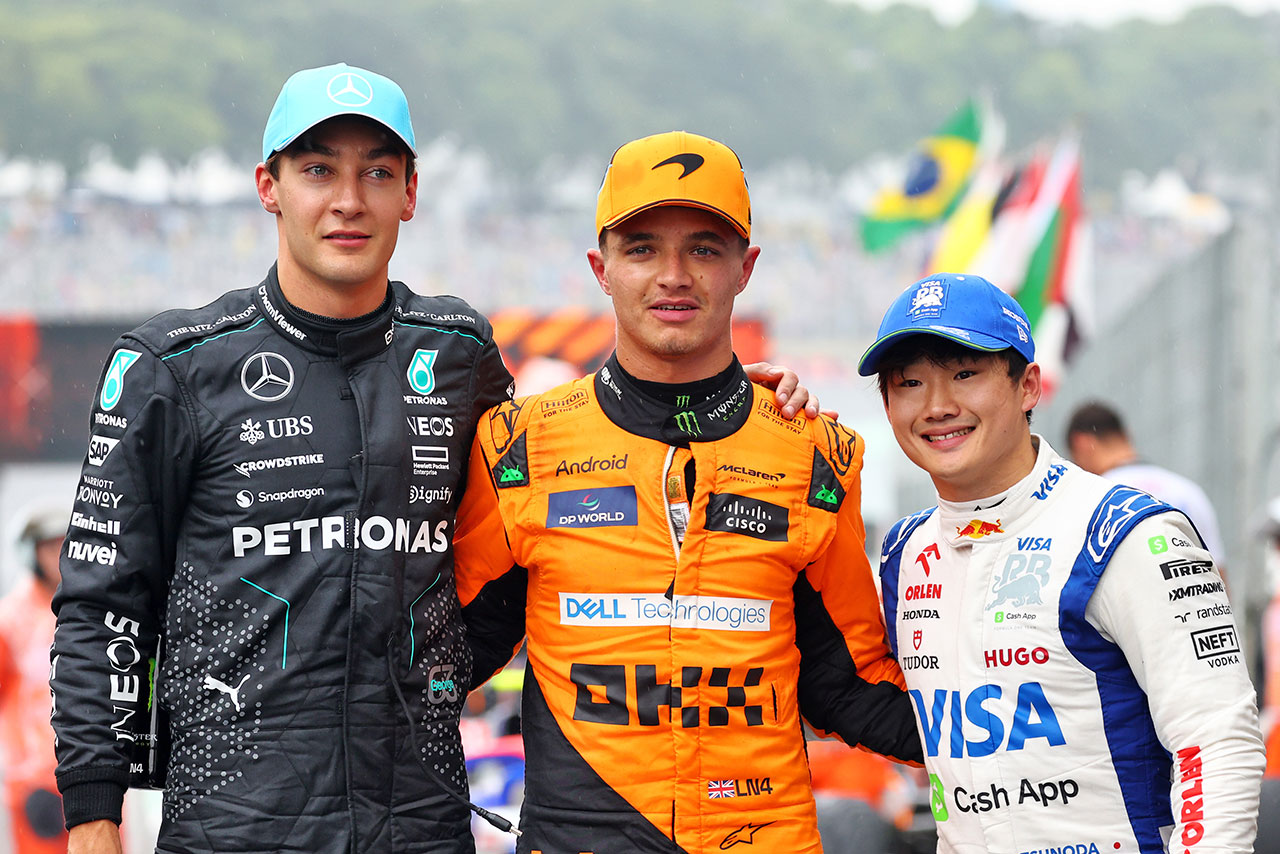 2024年F1第21戦サンパウロGP　予選PPのランド・ノリス（マクラーレン）と2番手のジョージ・ラッセル（メルセデス）、3番手の角田裕毅（RB）