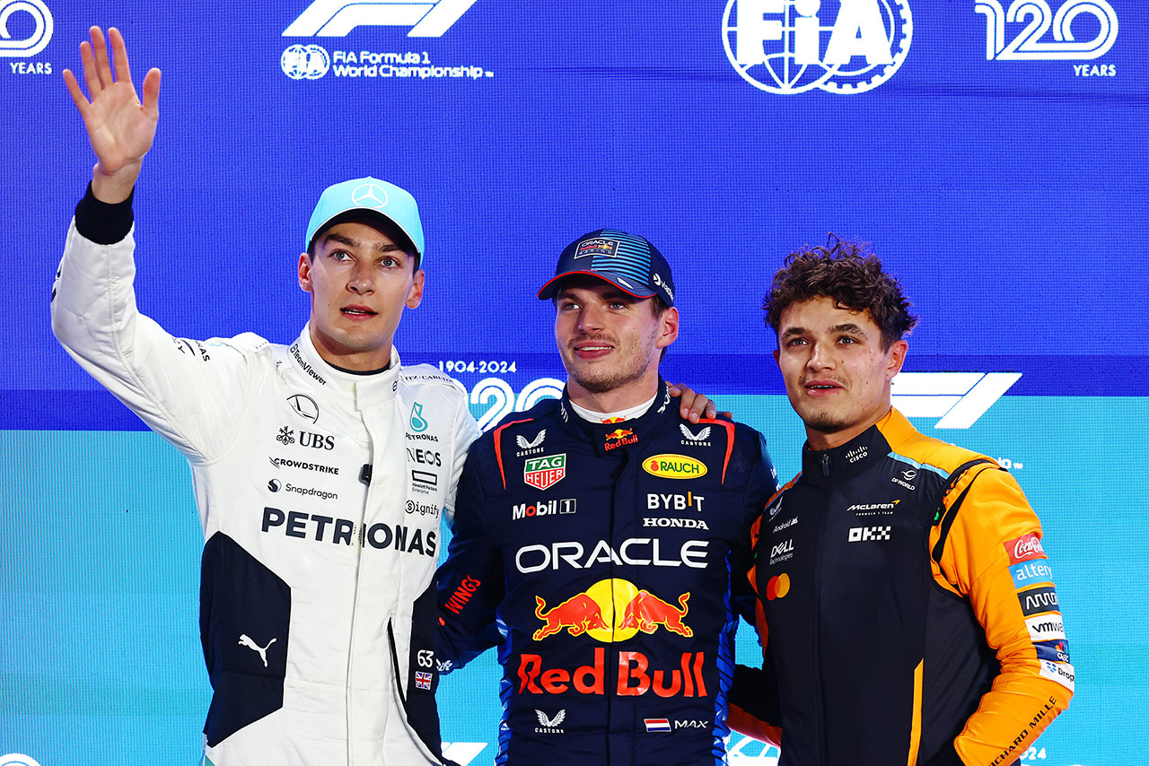 PPのマックス・フェルスタッペン（レッドブル）、2番手ジョージ・ラッセル（メルセデス）、3番手ランド・ノリス（マクラーレン）