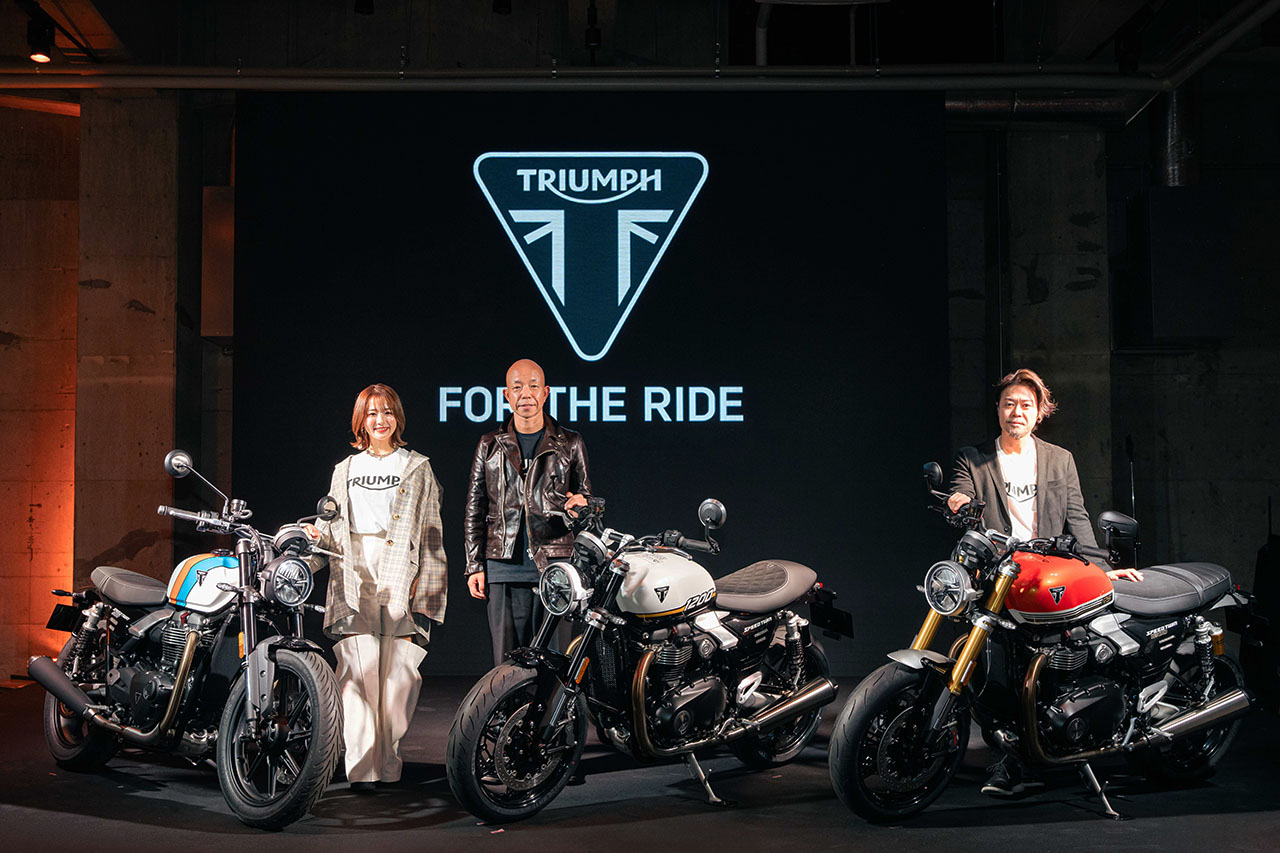 トライアンフの新型モデル発表会に平嶋夏海さんと小峠英二さんが登場「昔のトライアンフをそのまま改良したよう」