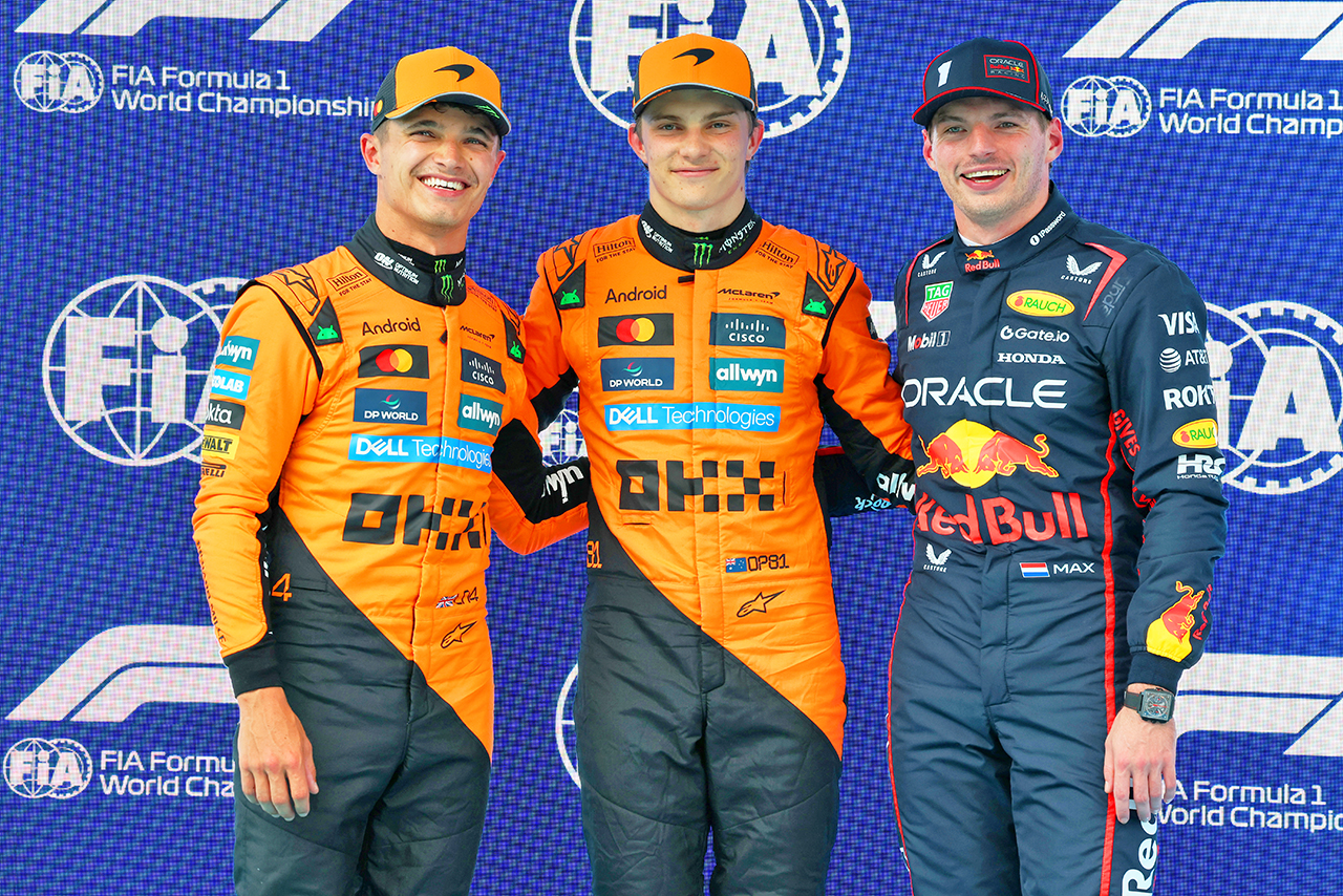 2025年F1第9戦スペインGP　予選PPのオスカー・ピアストリ（マクラーレン）、2番手ランド・ノリス（マクラーレン）、3番手マックス・フェルスタッペン（レッドブル）