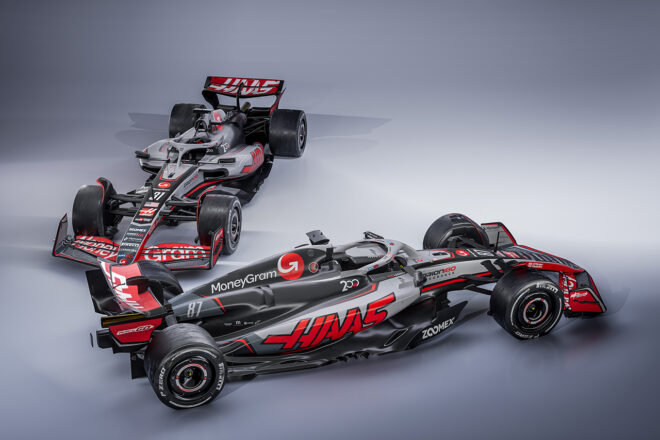 2025年第10戦カナダGPでF1参戦200戦目を祝うスペシャルカラーリングを纏うハース VF-25
