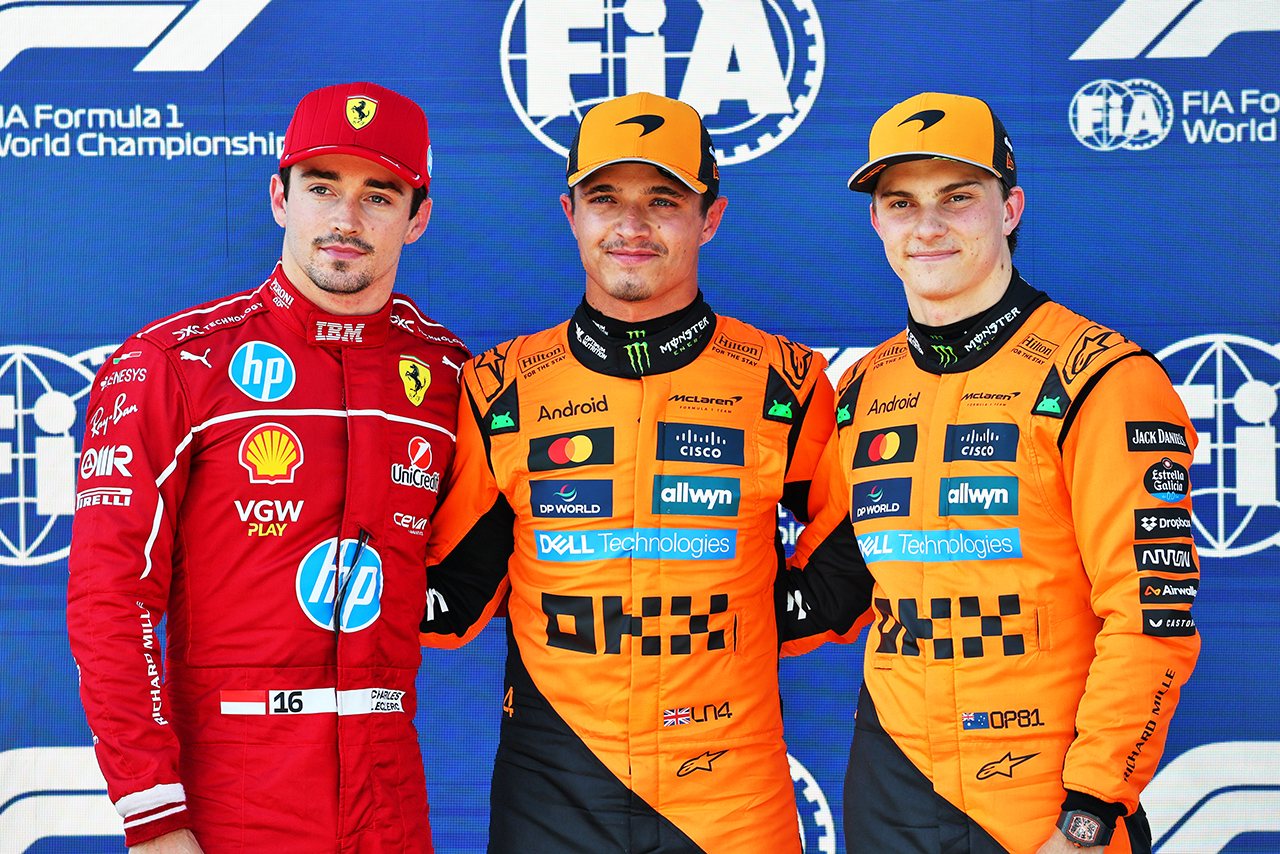 2025年F1第11戦オーストリアGP　予選PPのランド・ノリス（マクラーレン）、2番手シャルル・ルクレール（フェラーリ）、3番手オスカー・ピアストリ（マクラーレン）