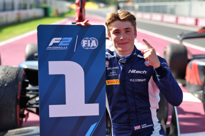 2025年FIA F2第11戦モンツァ　フィーチャーレースを制したルーク・ブラウニング（ハイテックTGR／ウイリアムズ育成）