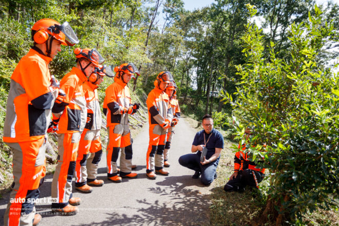 國井、古里、山中らが日本GPを前にサステナビリティ活動を実施。間伐でもてぎの森を育む