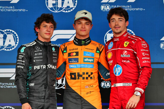 2025年F1第21戦サンパウロGP　PP獲得のランド・ノリス（マクラーレン）、2番手アンドレア・キミ・アントネッリ（メルセデス）、3番手シャルル・ルクレール（フェラーリ）