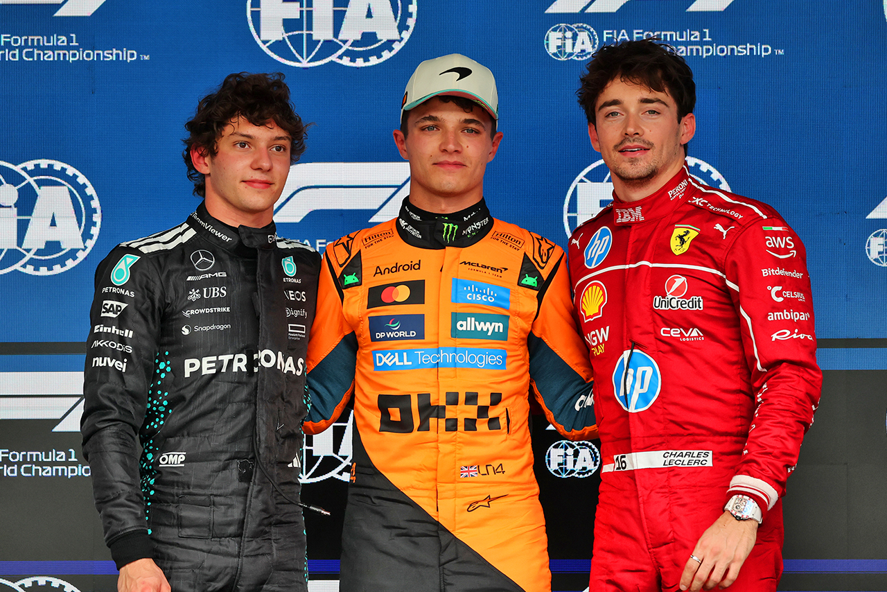 2025年F1第21戦サンパウロGP　PP獲得のランド・ノリス（マクラーレン）、2番手アンドレア・キミ・アントネッリ（メルセデス）、3番手シャルル・ルクレール（フェラーリ）