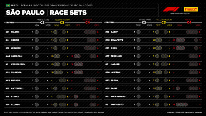 2025年F1第21戦サンパウロGP：20人のドライバーの『持ちタイヤ』