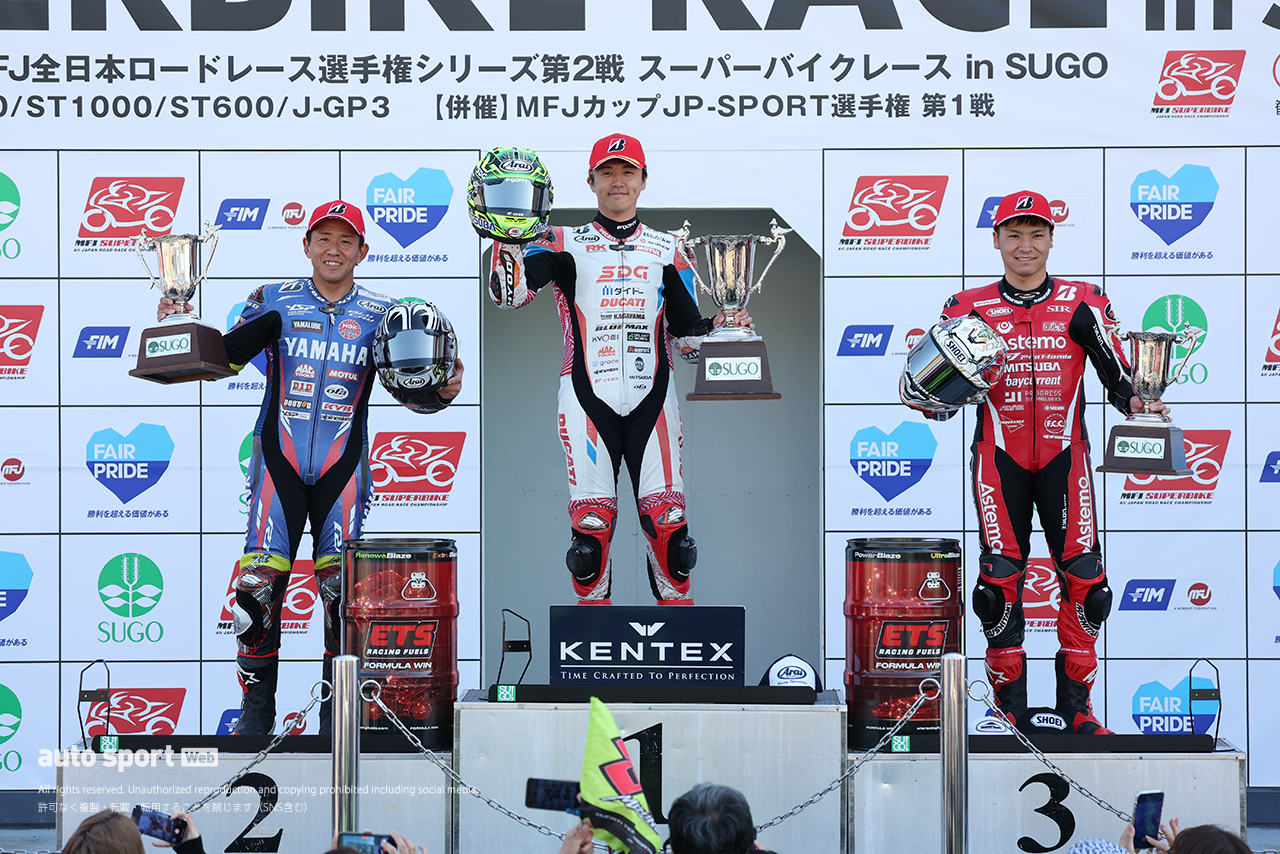 表彰台を獲得した水野涼、中須賀克行、野左根航汰／2026全日本ロード第2戦SUGO JSB1000 レース1