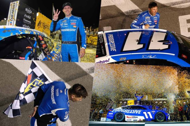 最後尾からの大逆転。デニー・ハムリンがJGRの陣営内“3ワイド”を制し通算62勝目／NASCAR第14戦