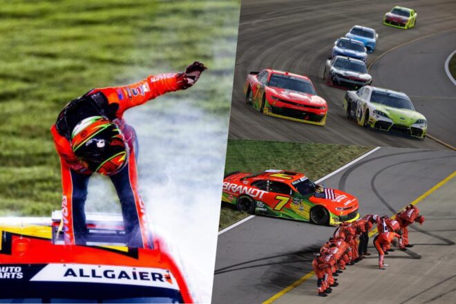 最後尾からの大逆転。デニー・ハムリンがJGRの陣営内“3ワイド”を制し通算62勝目／NASCAR第14戦