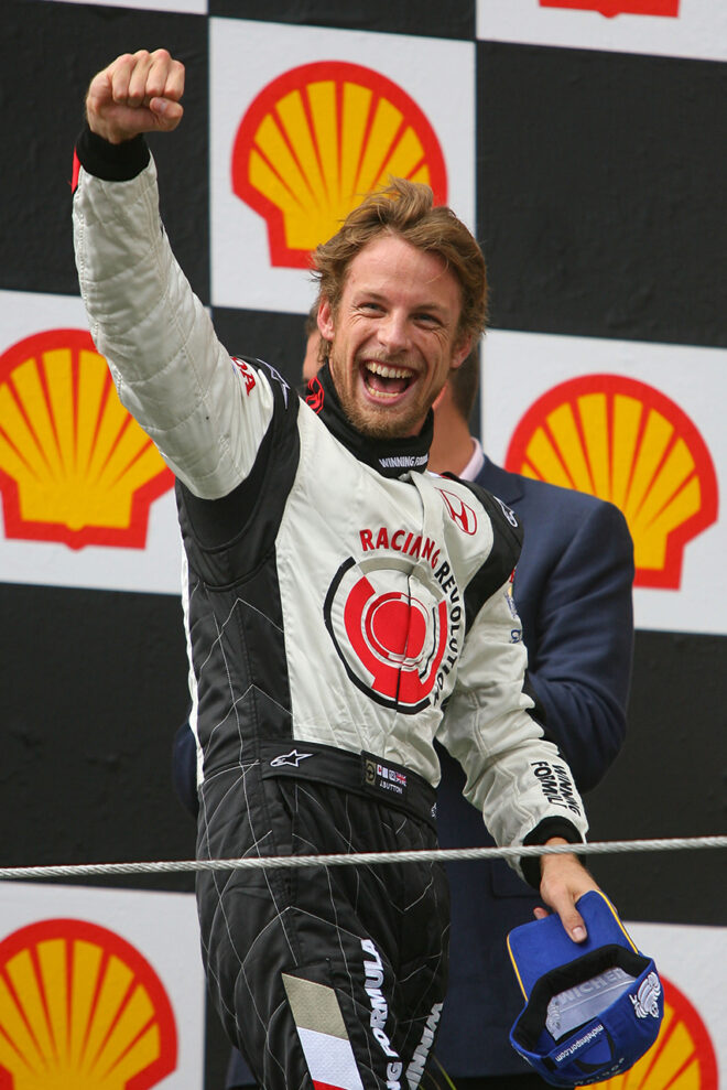 F1初優勝を飾ったジェンソン・バトン（ホンダ）