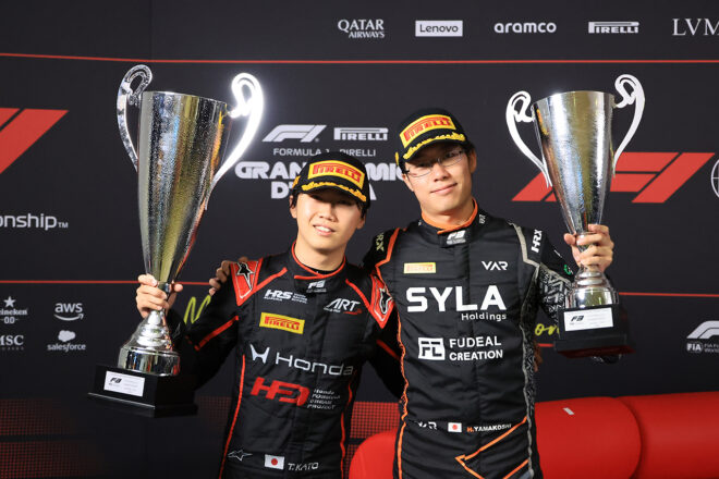 2026年FIA F3第8戦モンツァ スプリントレース／優勝の加藤大翔（ARTグランプリ／HFDP）と3位の山越陽悠（VAR）