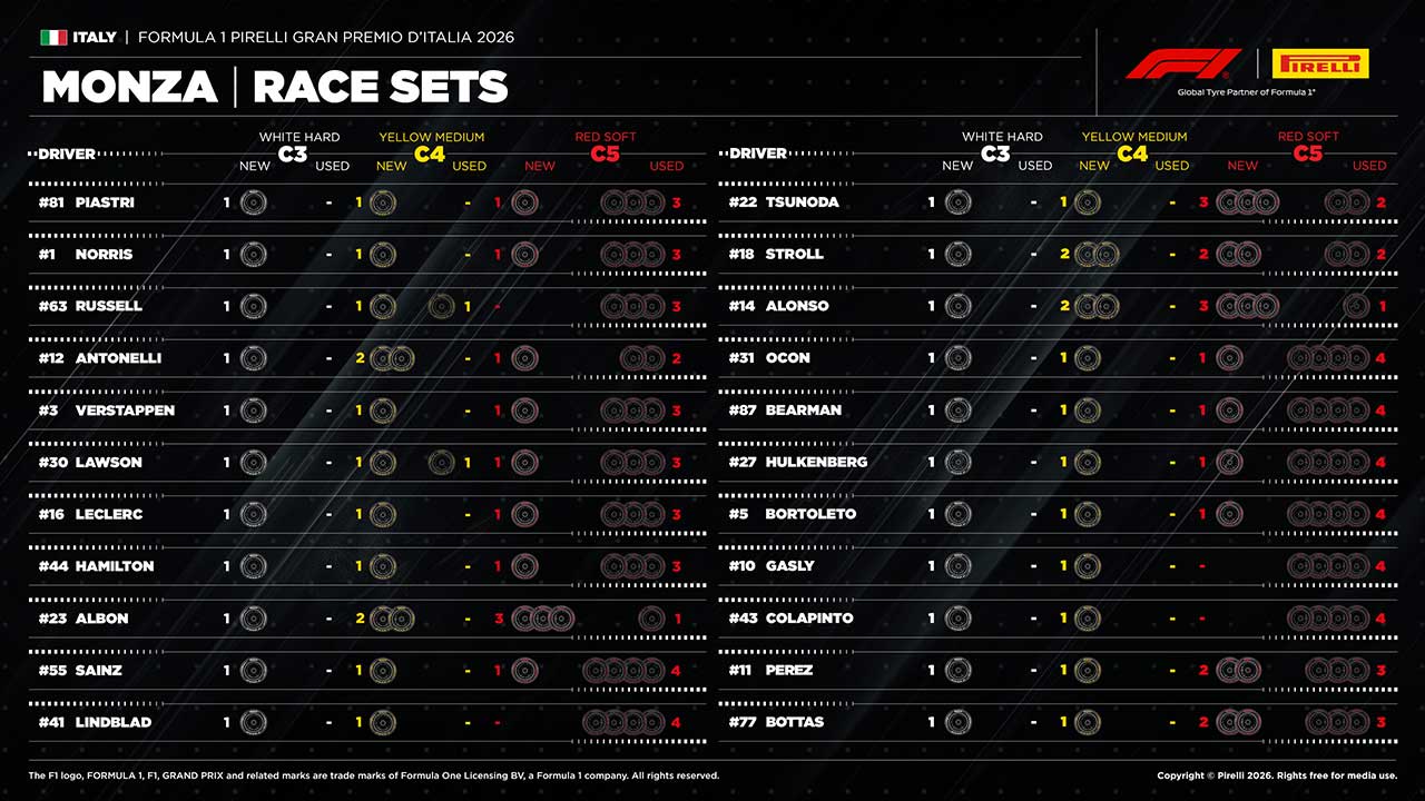 2026年F1第13戦イタリアGP決勝：22人のドライバーの『持ちタイヤ』