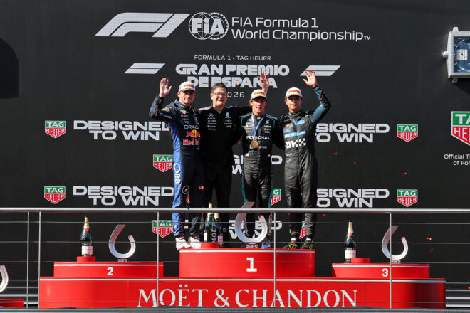 2026年F1第14戦スペインGP表彰式／優勝アンドレア・キミ・アントネッリ（メルセデス）