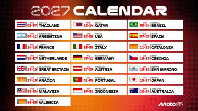 2027年のMotoGP暫定カレンダーが発表。技術規則一新の新時代は全22戦、日本GPは10月中旬開催に