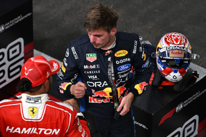 ポールポジションのマックス・フェルスタッペン（レッドブル）と予選3番手のルイス・ハミルトン（フェラーリ）
